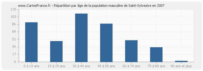 Répartition par âge de la population masculine de Saint-Sylvestre en 2007